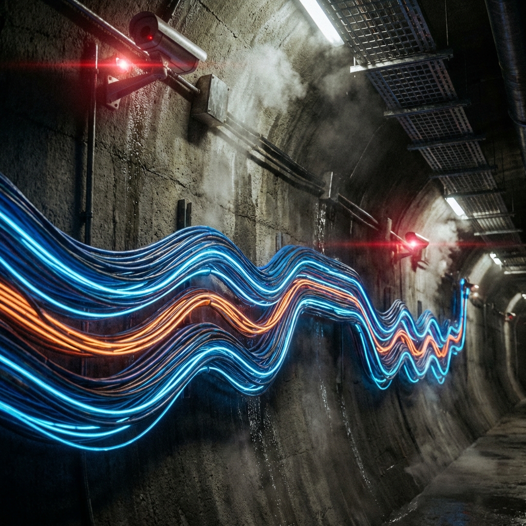 A dramatic and realistic depiction of underground infrastructure, showing thick bundles of glowing fiber optic cables running next to a concrete wall. The lighting is moody and suggests a high-security environment. No text, 1:1 aspect ratio.