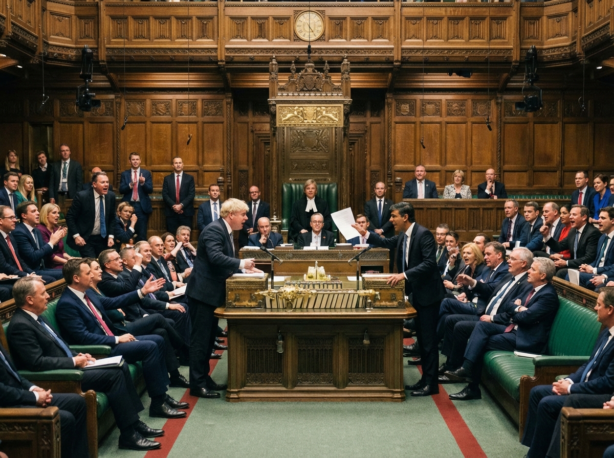 A realistic scene inside the British House of Commons, capturing the intensity of a political debate. MPs are seen discussing and gesturing, with professional indoor lighting. The style is cinematic and dignified. No text, 4:3 aspect ratio.