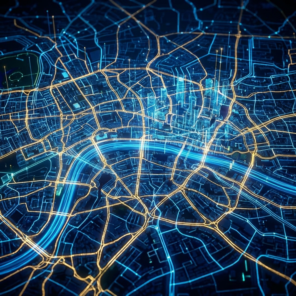 A high-tech, modern infographic-style map of London, showing glowing digital lines connecting different parts of the city to represent data cables and communication networks. The focus is on the City of London area. Dark background with vibrant blue and gold light trails. No text, 1:1 aspect ratio.