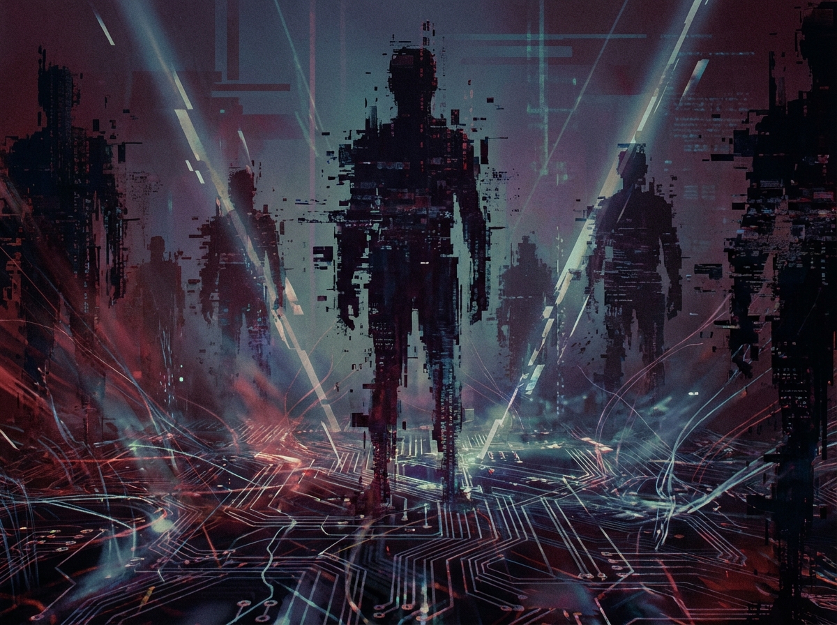 An abstract digital illustration representing the dark side of AI. Dark glitchy human silhouettes emerging from a sea of glowing code and wires. High contrast, cinematic lighting, moody atmosphere. 4:3 aspect ratio, no visible text.