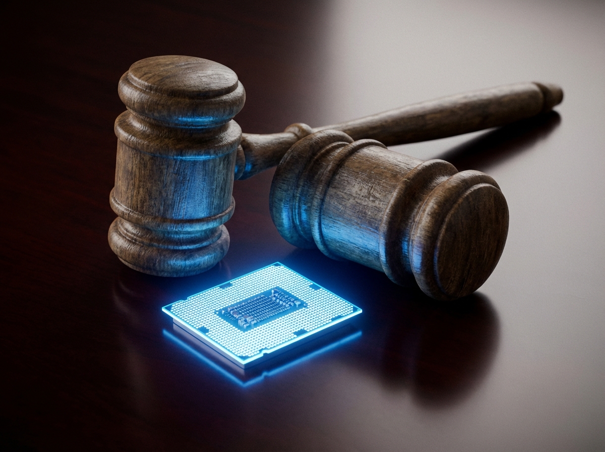 A modern still life photography featuring a wooden judge's gavel resting next to a glowing blue microchip on a sleek dark surface. Represents the intersection of law and technology. Sharp focus, professional lighting. 4:3 aspect ratio, no visible text.