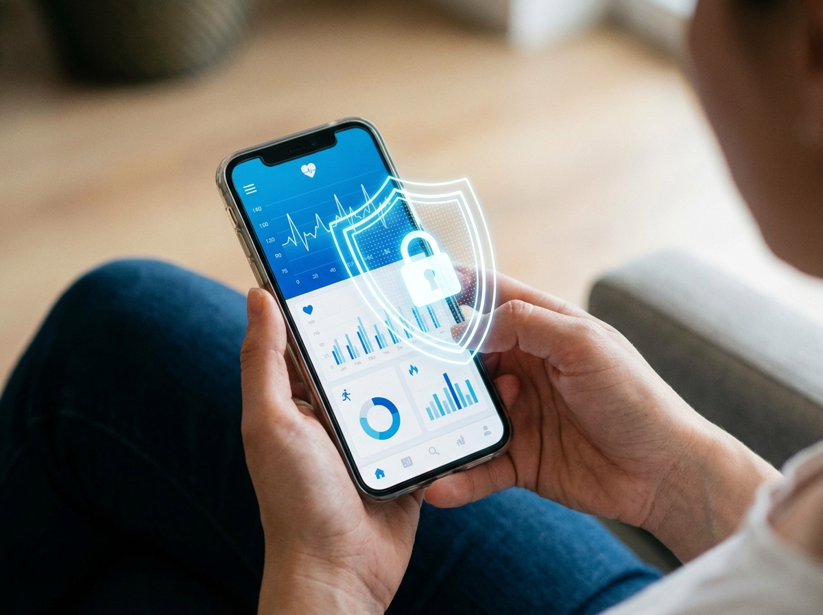 A person holding a smartphone showing a health dashboard with heart rate and activity levels, blue and white interface, digital security shield icon overlay, 4:3 aspect ratio, no text