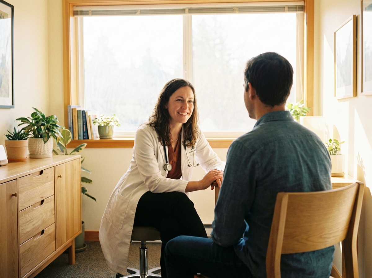 A friendly doctor sitting across from a patient in a warm and bright examination room, professional and empathetic atmosphere, cinematic lighting, 4:3 aspect ratio, no text
