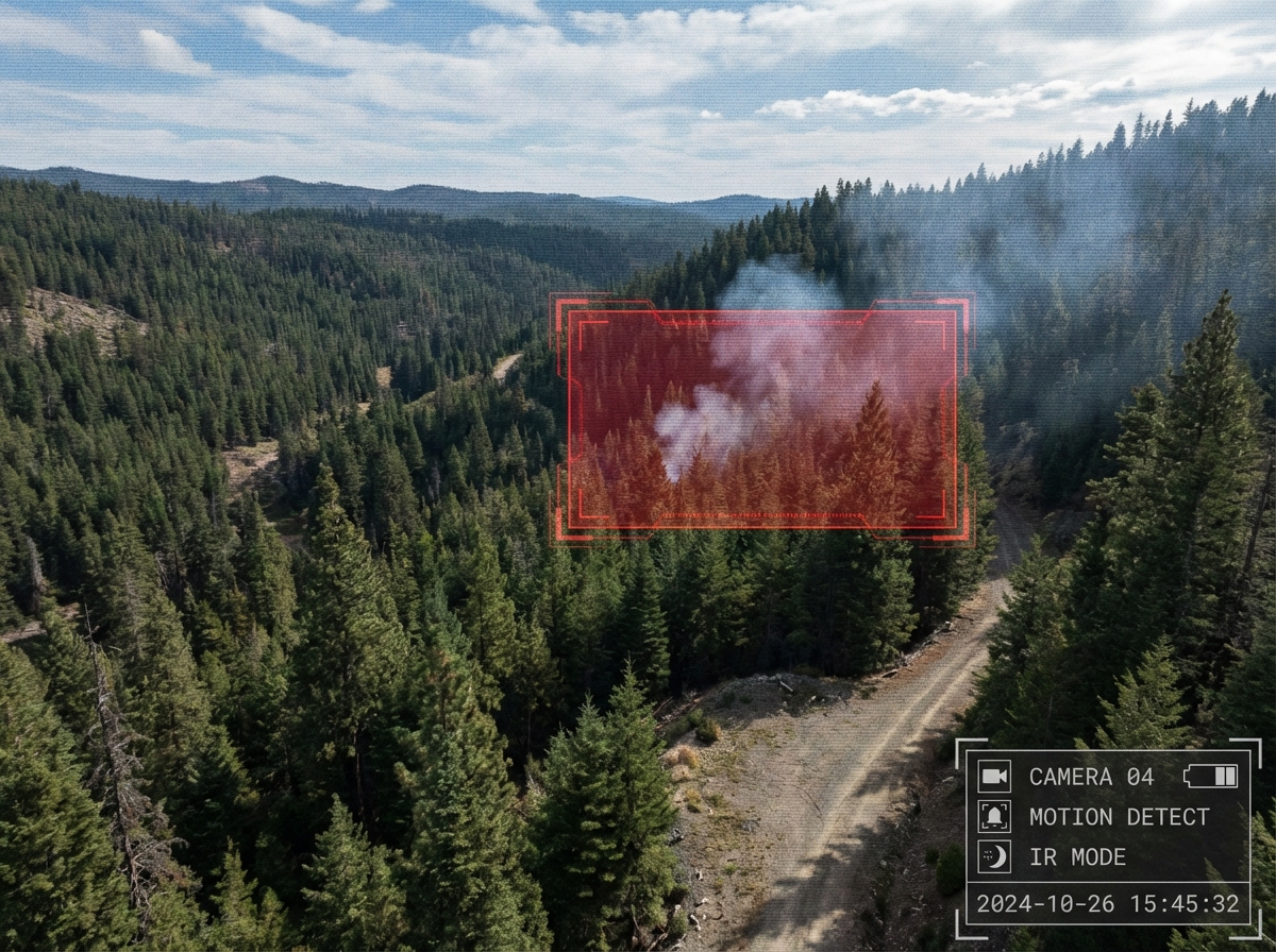 A security camera view displaying a red overlay detecting smoke in a distance over a forest area. Professional monitoring interface style, highly detailed, realistic environment, 4:3 aspect ratio, no text.