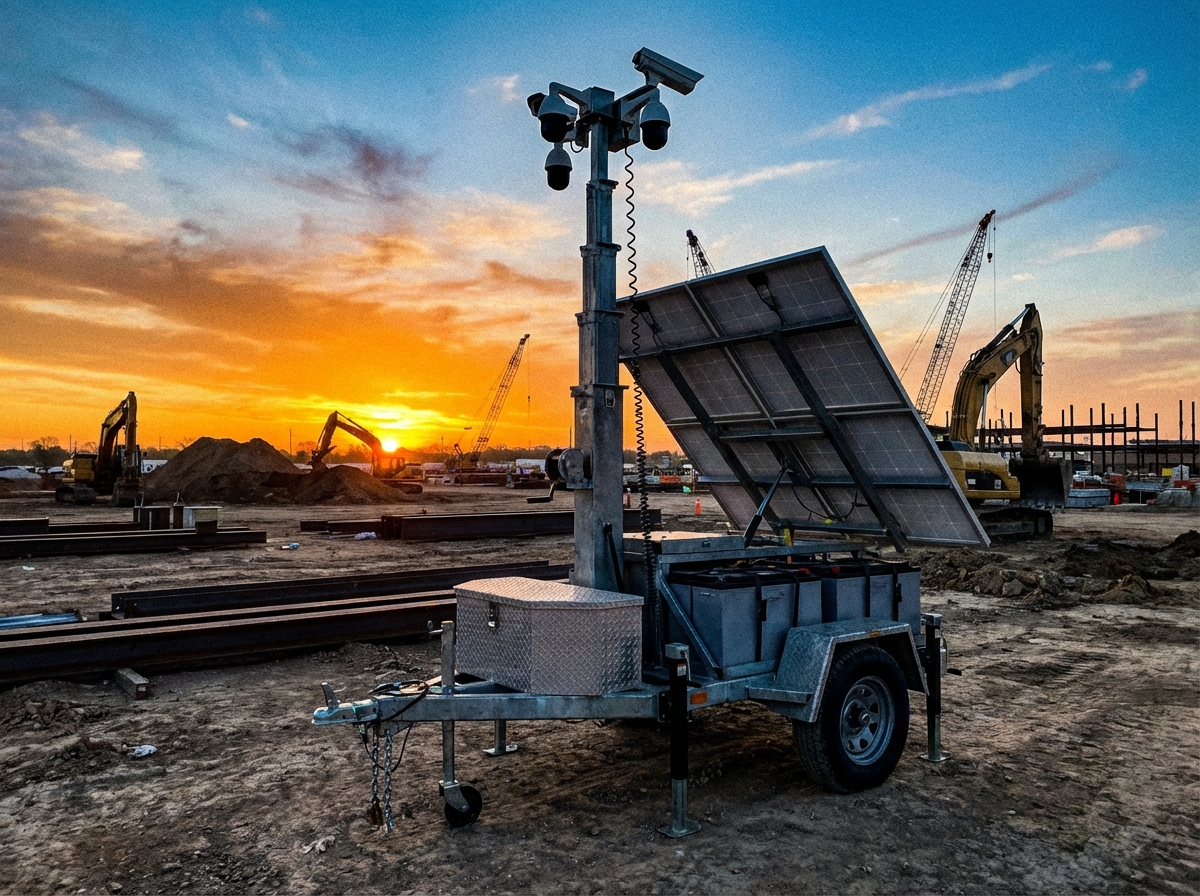A solar-powered mobile security camera trailer standing on a construction site at dawn. Rugged professional equipment, industrial background, high contrast, 4:3 aspect ratio, no text.