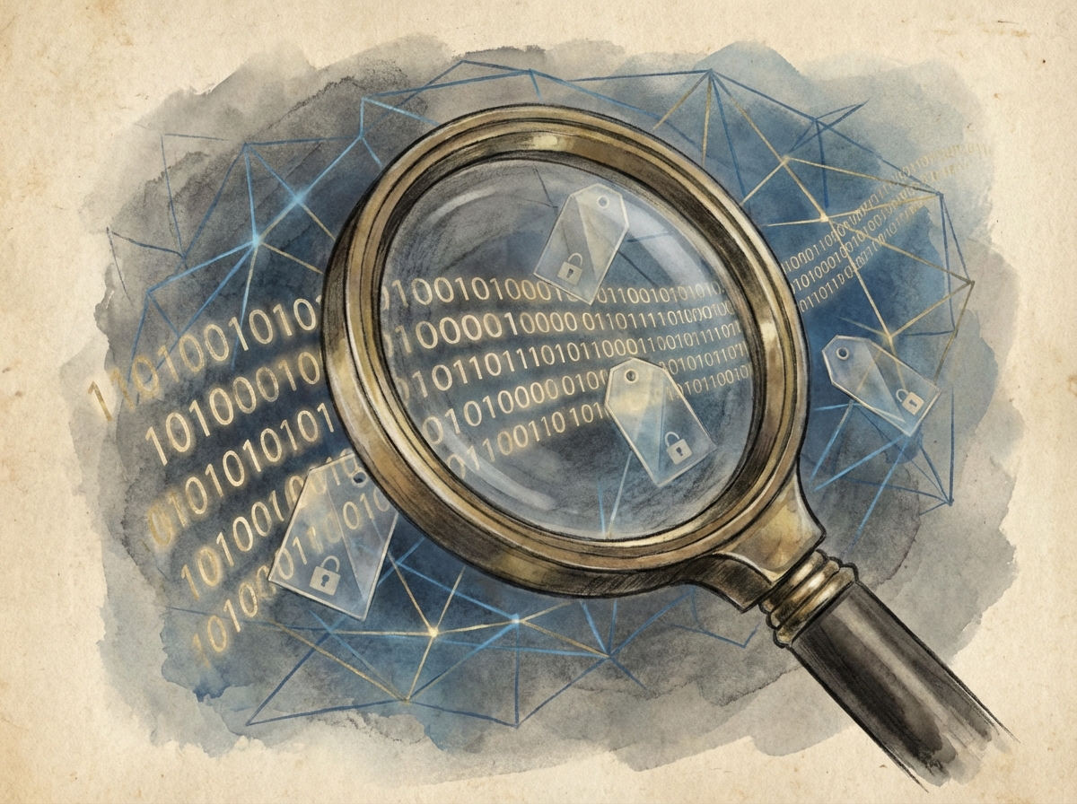A conceptual illustration of a magnifying glass inspecting digital data strings and price tags, ethics in AI and commerce theme, professional and serious atmosphere, textured background, 4:3 aspect ratio, no visible text