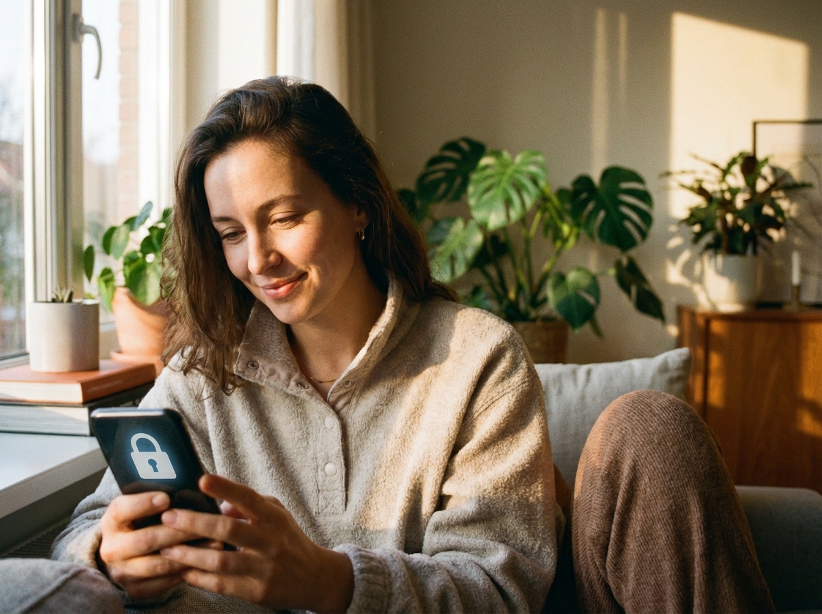 A person looking at a smartphone with a secure lock icon on the screen, emphasizing data privacy and consumer protection, natural lifestyle photography, warm lighting, 4:3 aspect ratio, no visible text
