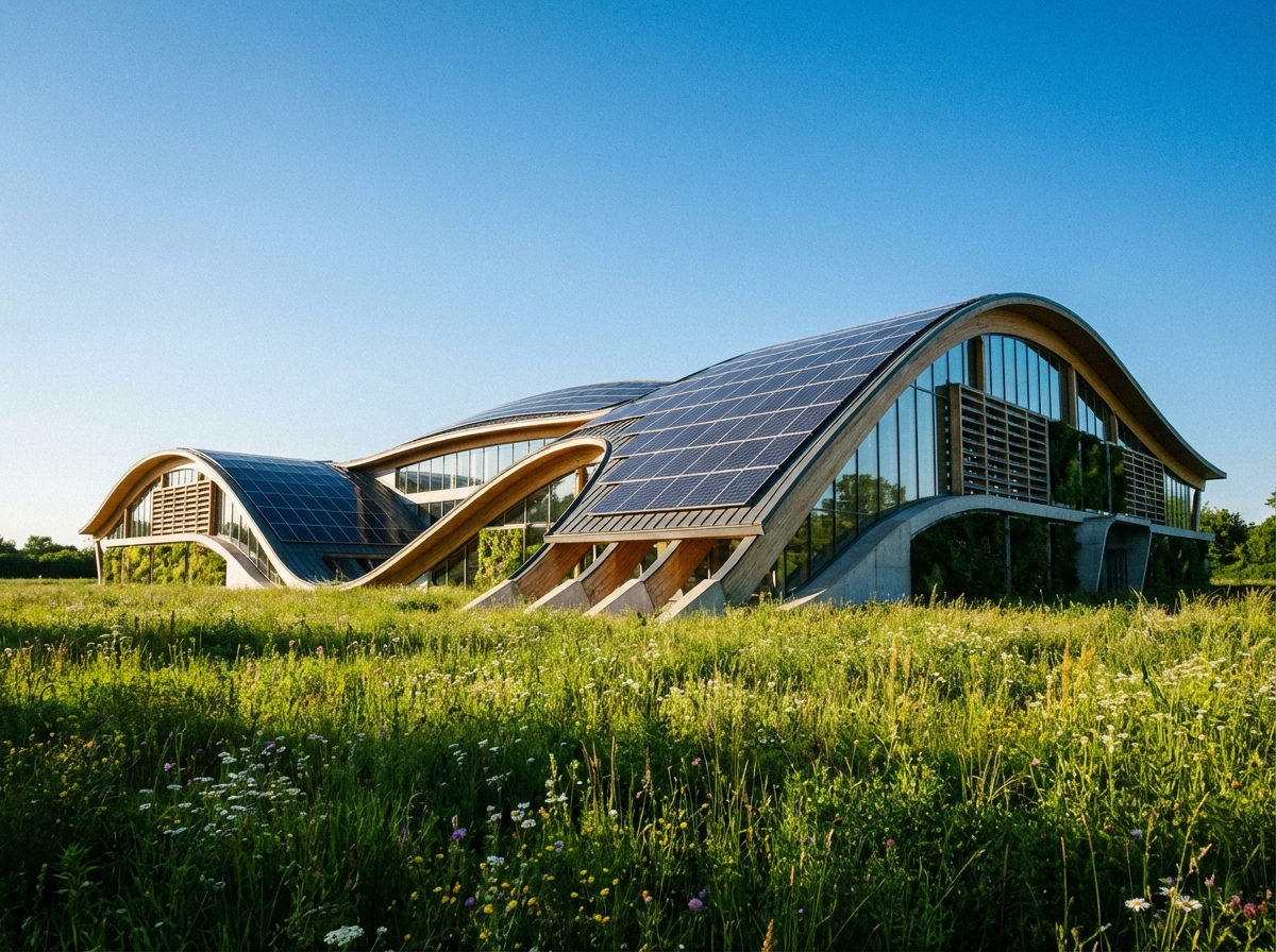 A modern and sustainable data center building located in a lush green field under a clear blue sky. The architecture is sleek and futuristic with integrated solar panels. High contrast professional photography style. 4:3. No text.