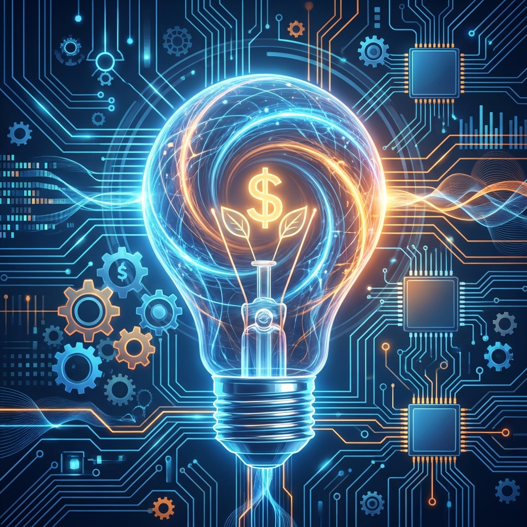 A glowing digital light bulb integrated with a smart power grid circuit background. Represents energy efficiency and cost management. Modern infographic style with vibrant blue and orange tones. 1:1. No text.