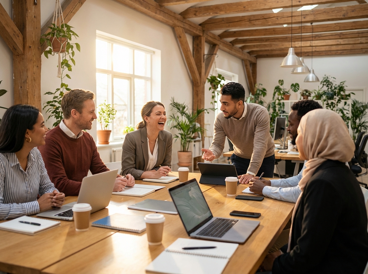 Diverse group of people in a professional yet friendly meeting setting discussing technology and community development. Warm lighting and natural indoor environment. Lifestyle photography. 4:3. No text.