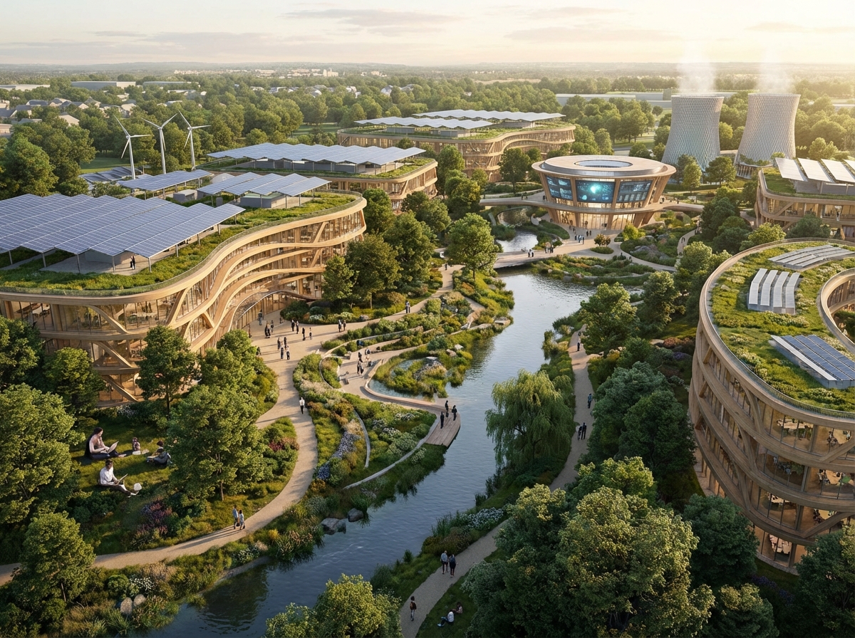 High-tech data center campus integrated with a clean park and trees in a suburban area. Detailed architectural rendering showing a harmonious blend of technology and nature. Visually rich composition. 4:3. No text.