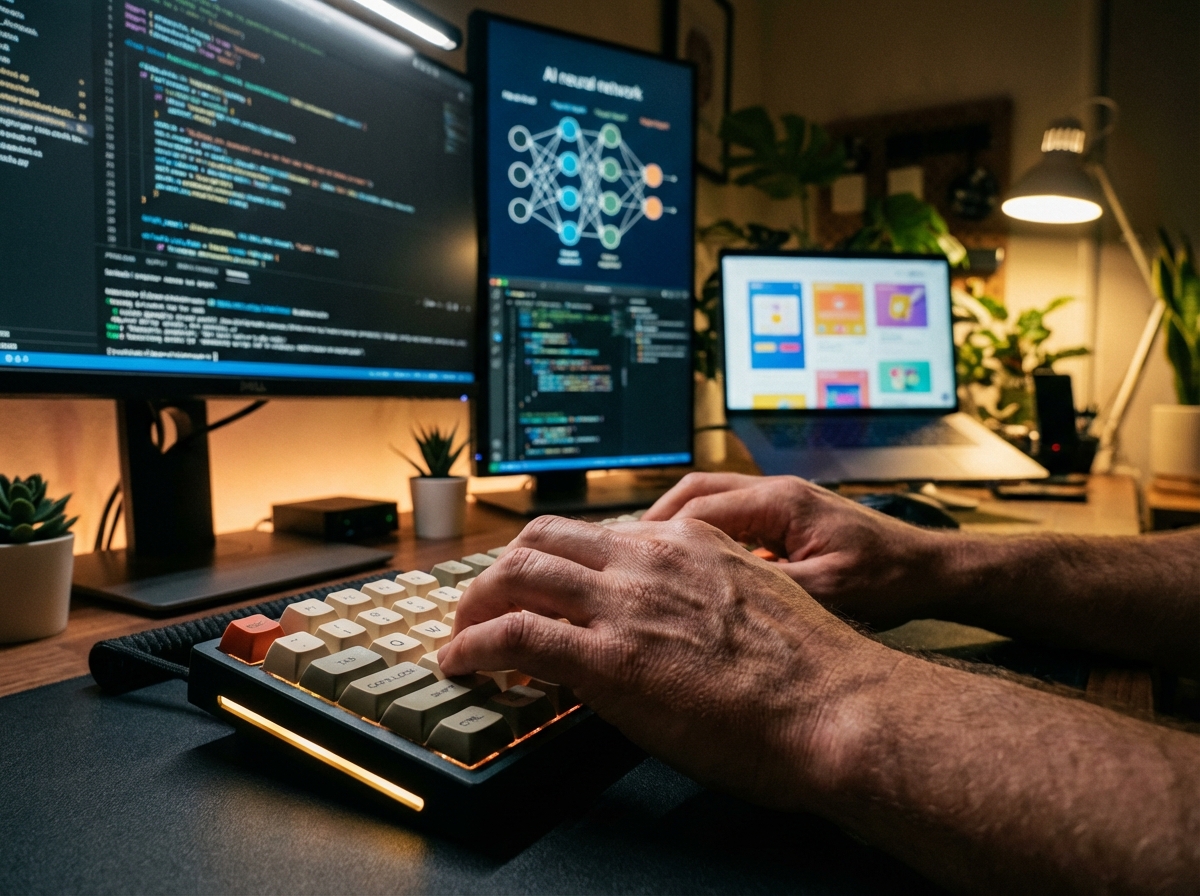 A close-up shot of a focused software engineer's hands typing on a mechanical keyboard, multiple glowing screens in the background with complex AI algorithms and creative design mockups, cinematic lighting, warm atmosphere, 4:3 aspect ratio, no text.