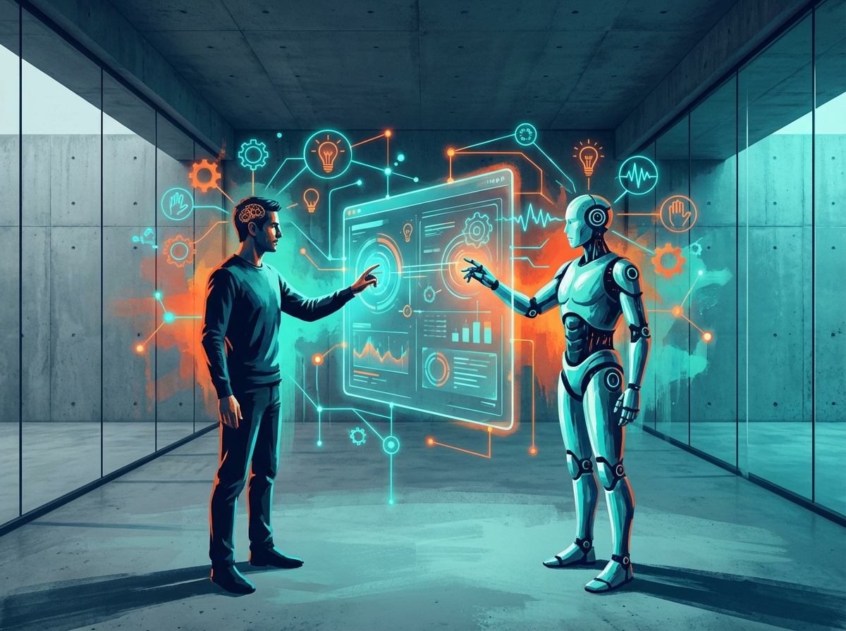 A conceptual illustration of human-AI collaboration, showing a digital interface floating in a modern minimalist space, glowing lines connecting different ideas and icons, vibrant teal and orange color palette, high contrast, 4:3 aspect ratio, no text.