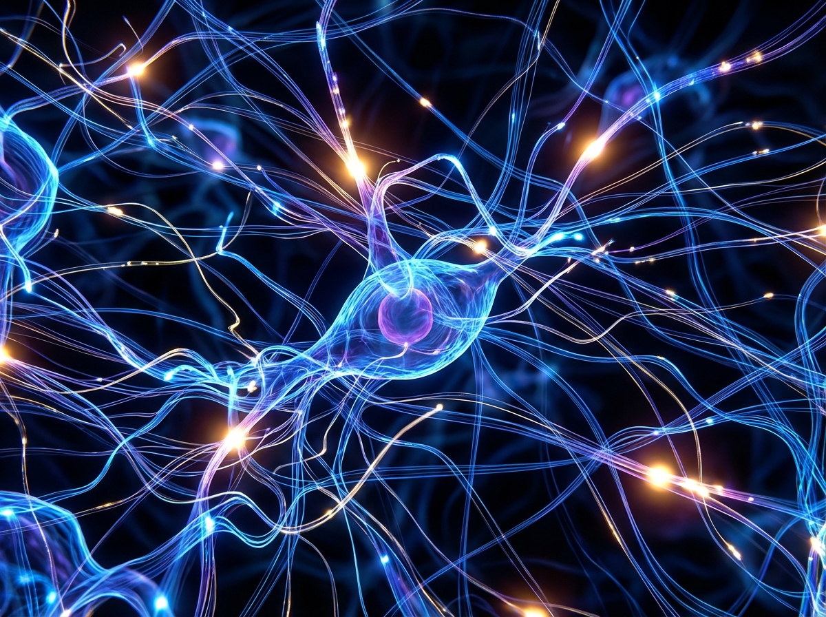 Abstract visualization of high-speed data flow and neural networks, glowing light trails in a dark space, representing the rapid advancement of artificial intelligence technology, artistic and professional rendering, 4:3 aspect ratio, no text.