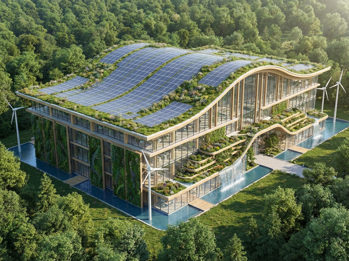 A futuristic and sustainable data center building integrated with nature, solar panels on the roof, clean glass architecture, lush green surroundings, bright daylight, 4:3 aspect ratio, no text
