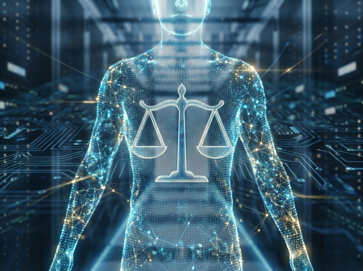 A symbolic representation of digital justice, a glowing legal scale superimposed over a digital human silhouette made of data points, high-tech background, soft blue and gold lighting, 4:3, no visible text