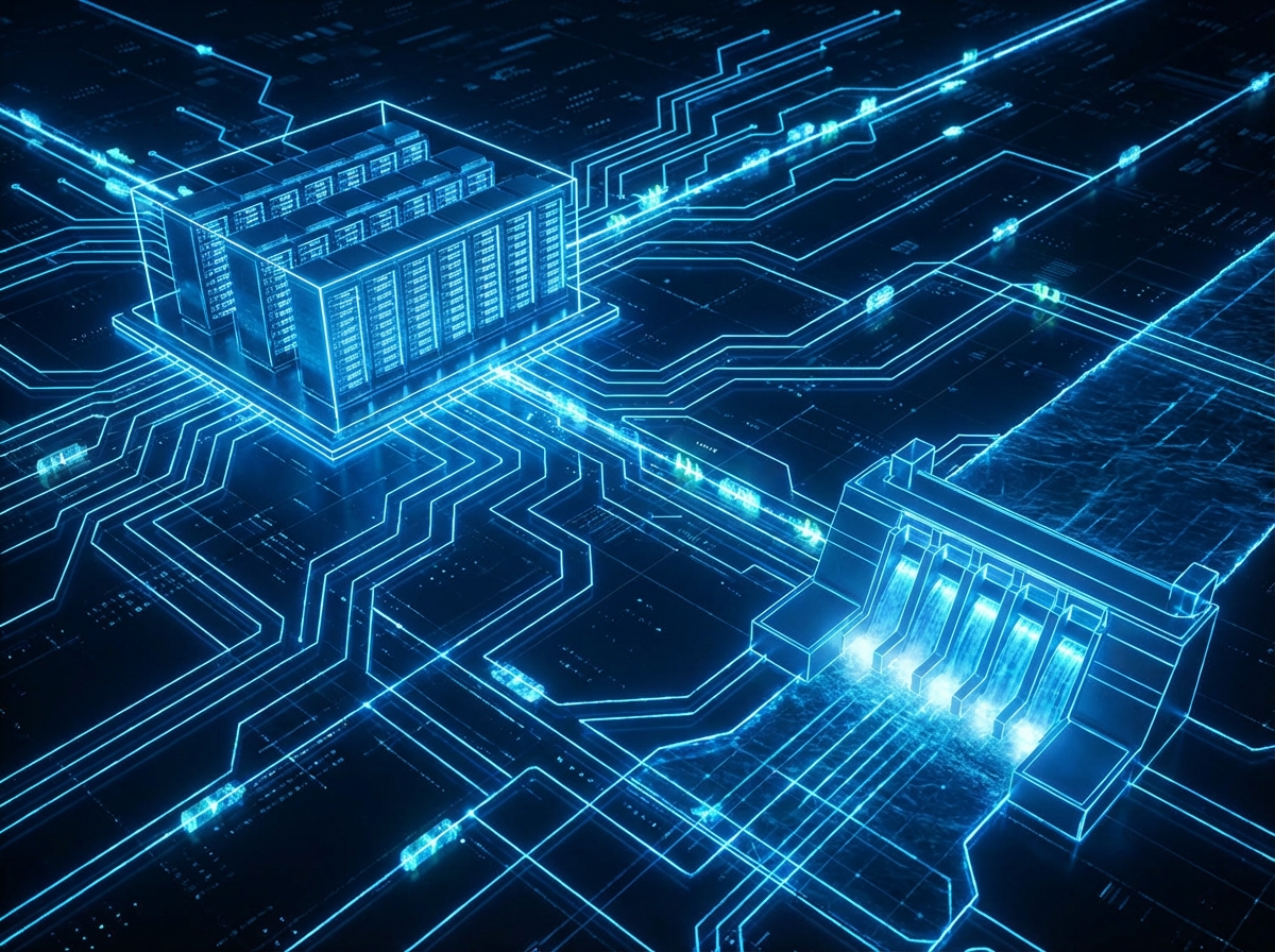 High-tech digital grid interface showing energy flow, glowing blue lines connecting a data center to a power source, modern aesthetic, high contrast, 4:3 aspect ratio, no text