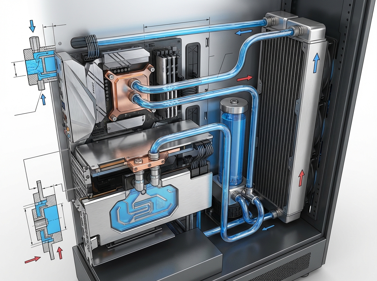 A detailed 3D illustration of a closed-loop water cooling system for servers, pipes with flowing blue liquid, metallic textures, professional engineering style, 4:3 aspect ratio, no text