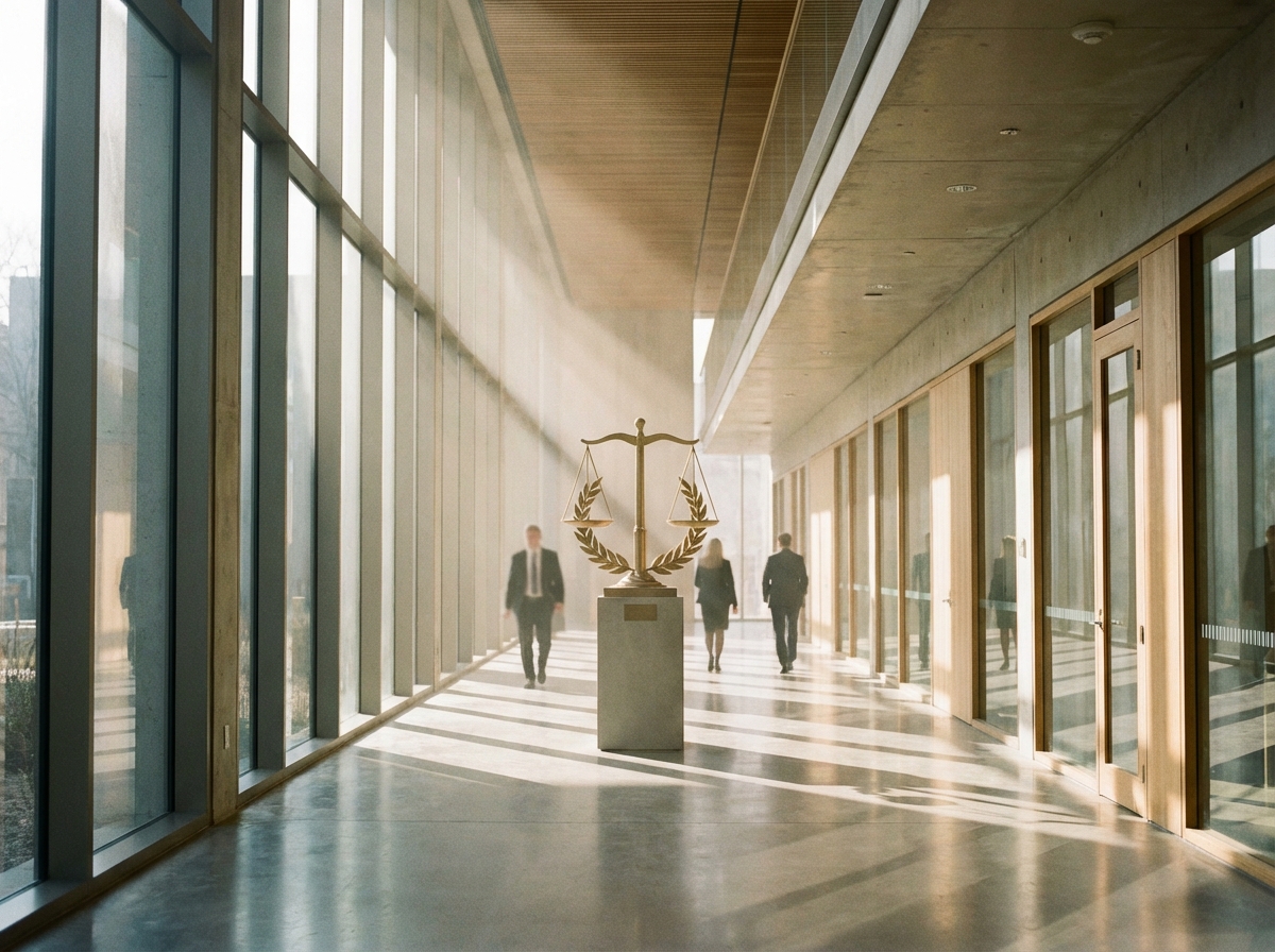 A professional cinematic shot of a modern courthouse hallway, sunlight streaming through large windows, a symbolic representation of legal victory, realistic photography, 4:3, no visible text
