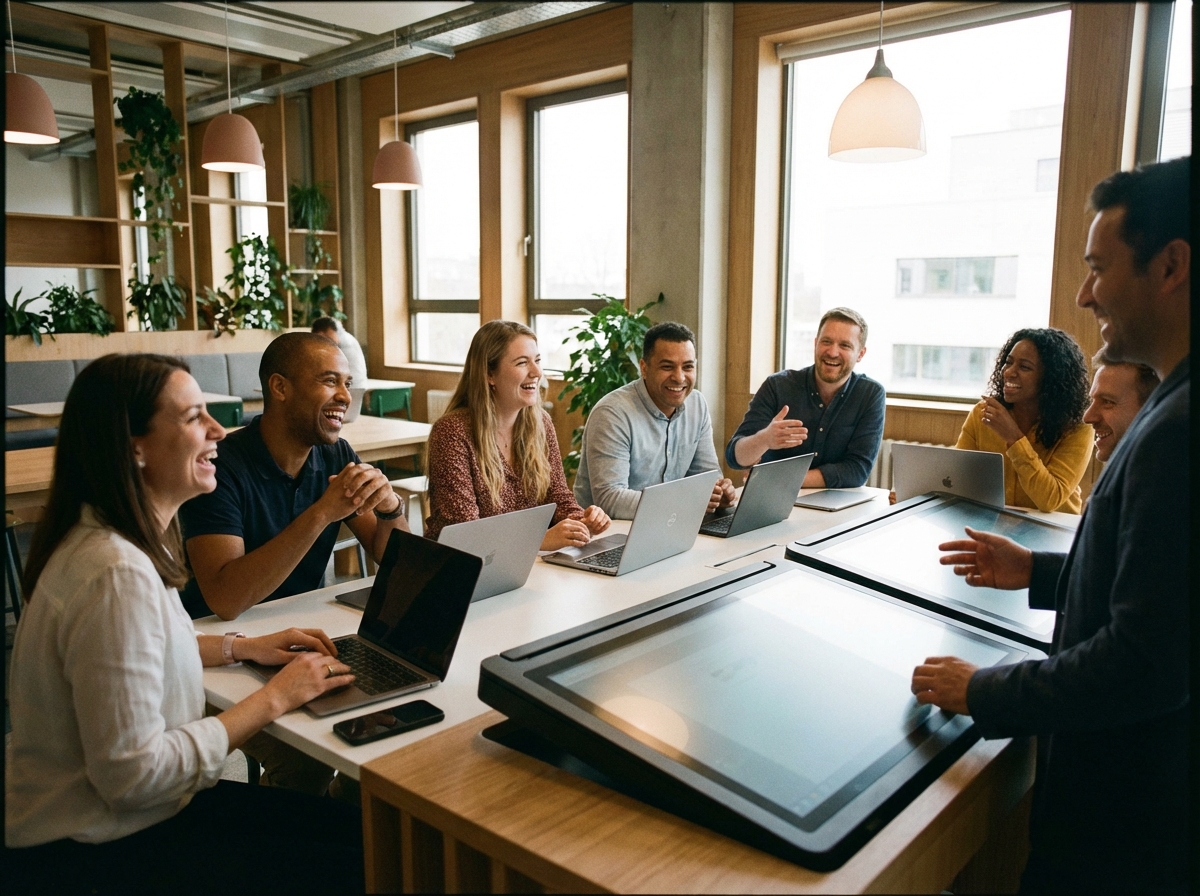 A group of diverse adults learning together in a modern high-tech classroom with laptops, collaborative atmosphere, warm lighting, natural expressions, 4:3 aspect ratio, no text