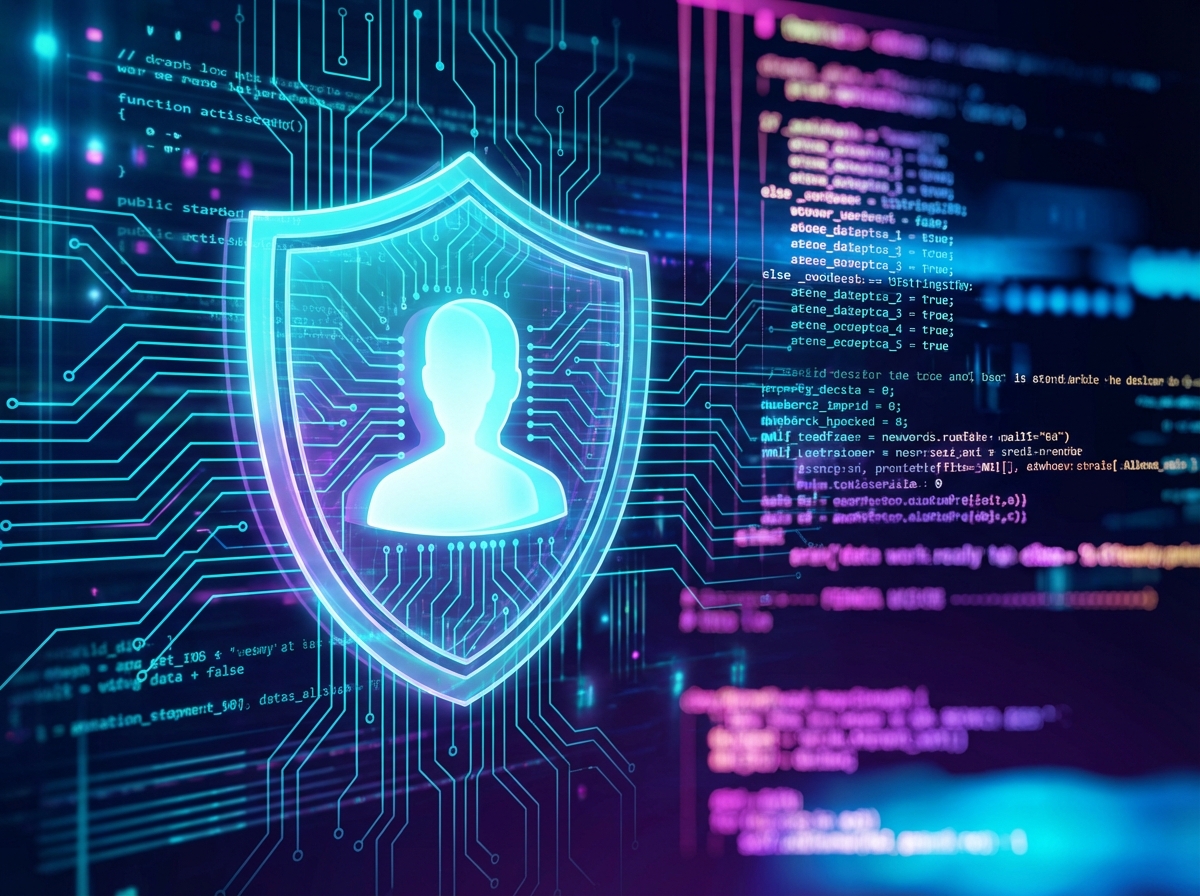 A high-tech digital security concept, a glowing shield protecting a personal profile icon, intricate circuits and data streams in the background, vibrant cyan and purple tones, 4:3, no visible text