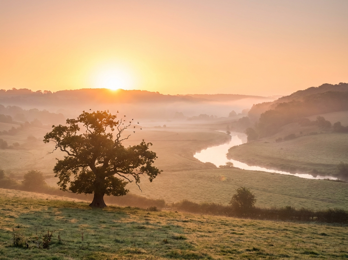 A peaceful morning landscape with a bright sunrise, symbolizing a new beginning and hope, soft warm sunlight, realistic nature photography, 4:3, no visible text