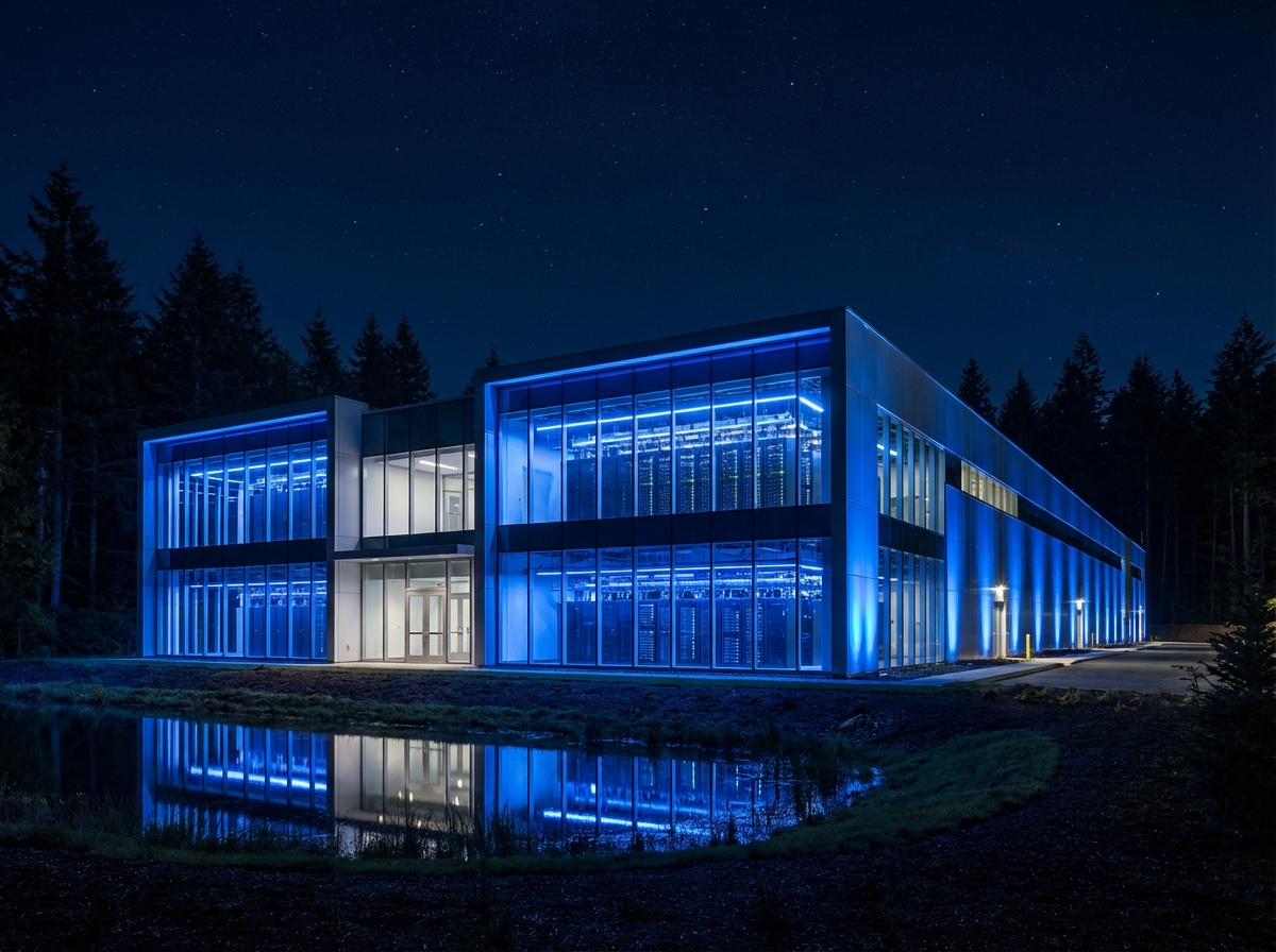 Modern Microsoft datacenter building at night, glowing blue lights, sleek architecture, professional photography, high resolution, 4:3, no text
