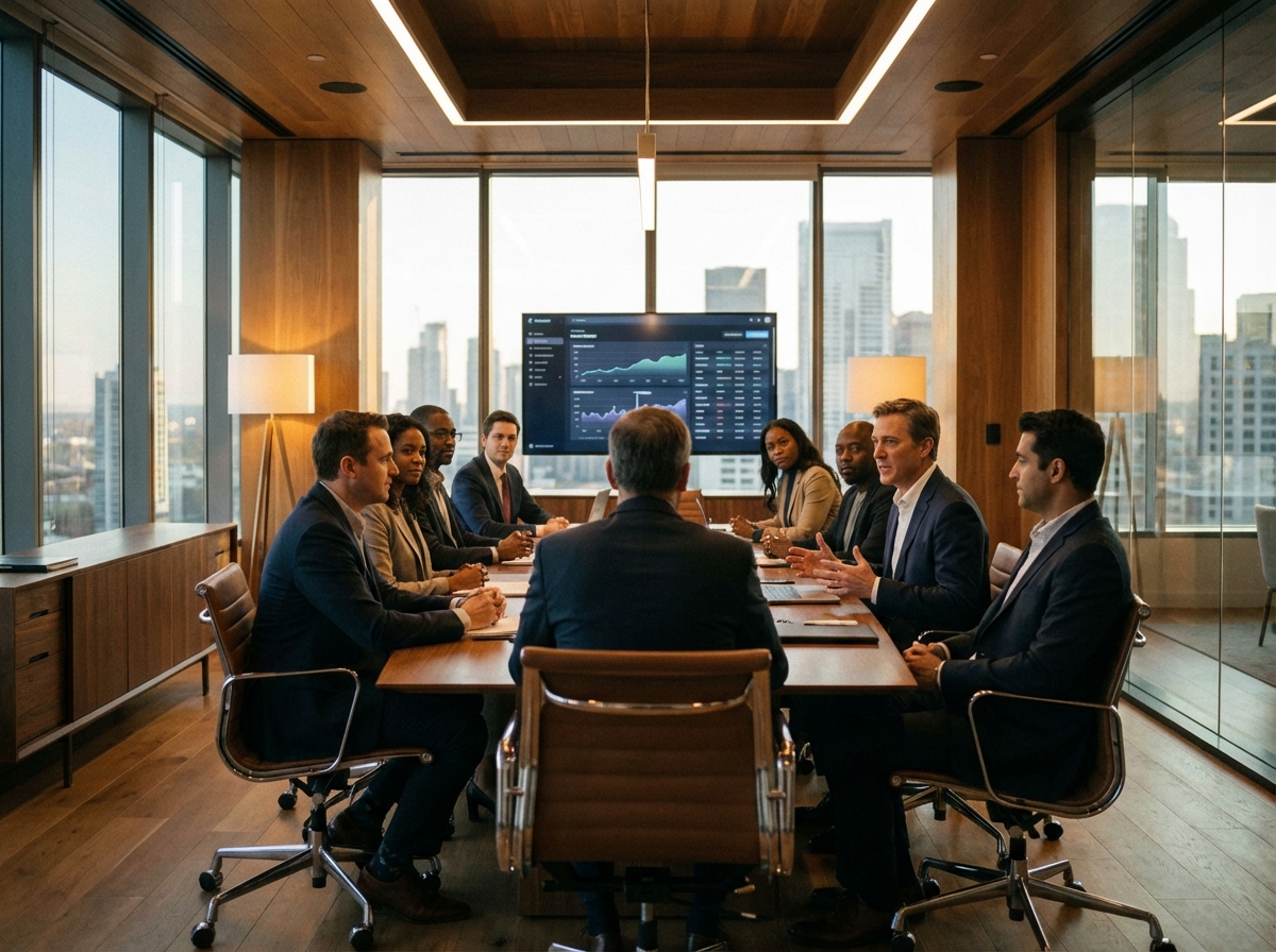 Professional business meeting between tech executives and government officials in a modern boardroom, realistic style, warm cinematic lighting, 4:3, no text