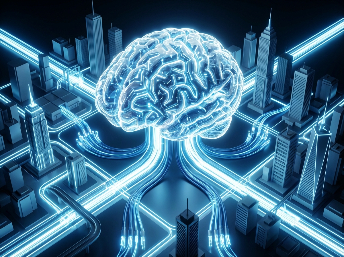 Conceptual illustration of a digital brain connected to a city power grid, high contrast, glowing circuits, clean modern design, 4:3, no text
