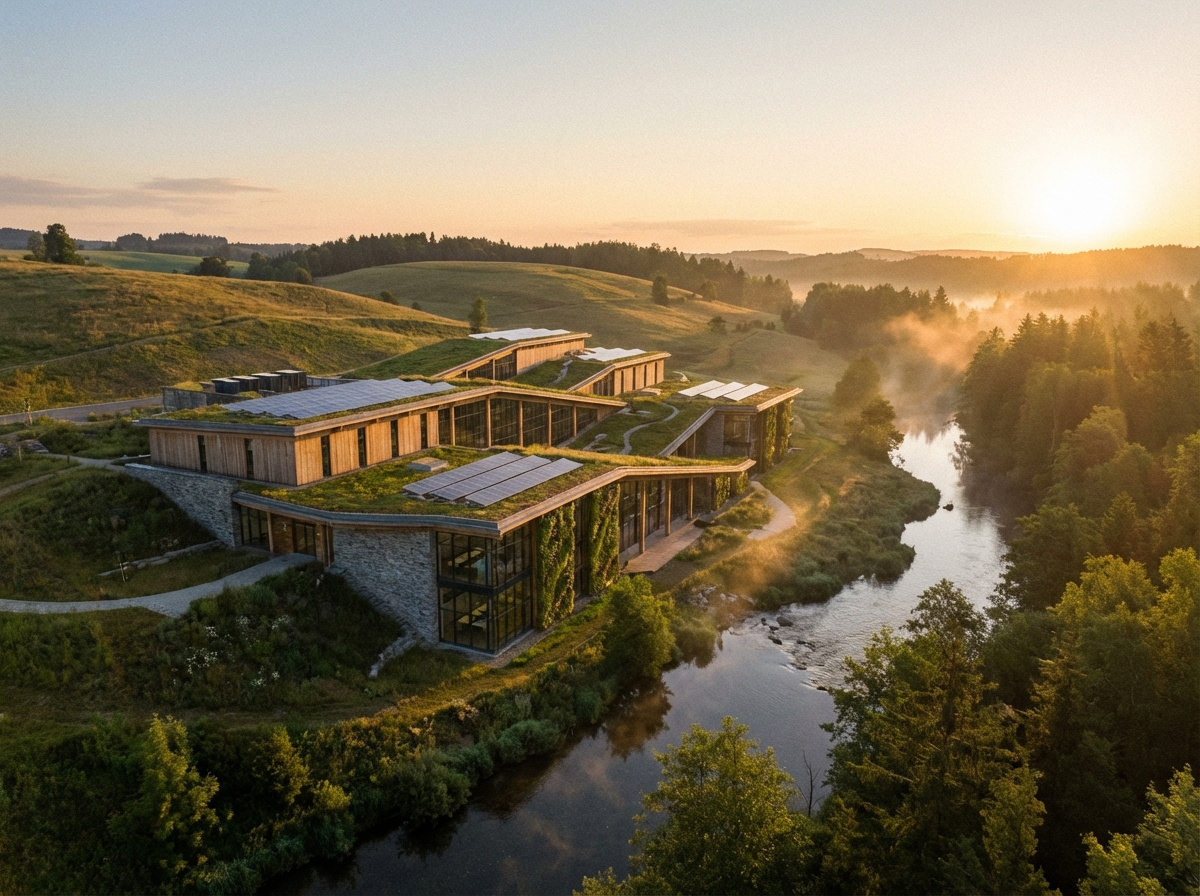 Eco-friendly datacenter integrated with a green landscape, sunset lighting, realistic architectural rendering, peaceful atmosphere, 4:3, no text