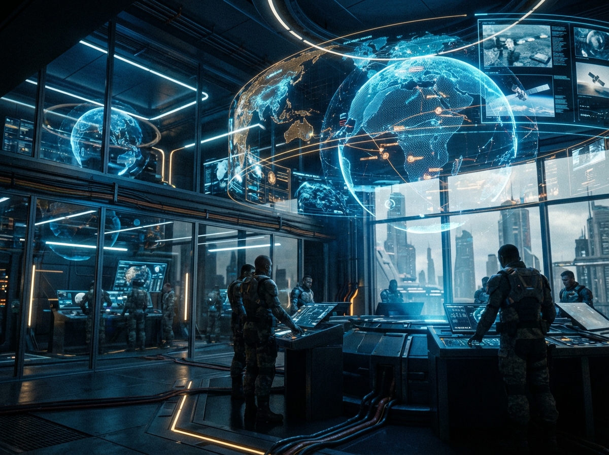 A futuristic military command center with large holographic displays showing global data networks, cinematic lighting, high-tech atmosphere, blue and amber color palette, 4:3