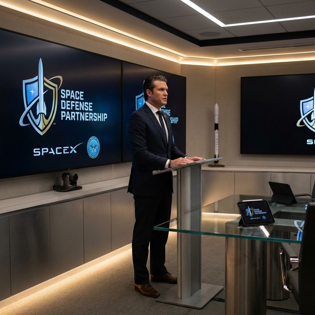 Pete Hegseth standing in a professional military briefing room, symbolic representation of SpaceX and defense collaboration, modern tech aesthetic, soft lighting, 1:1