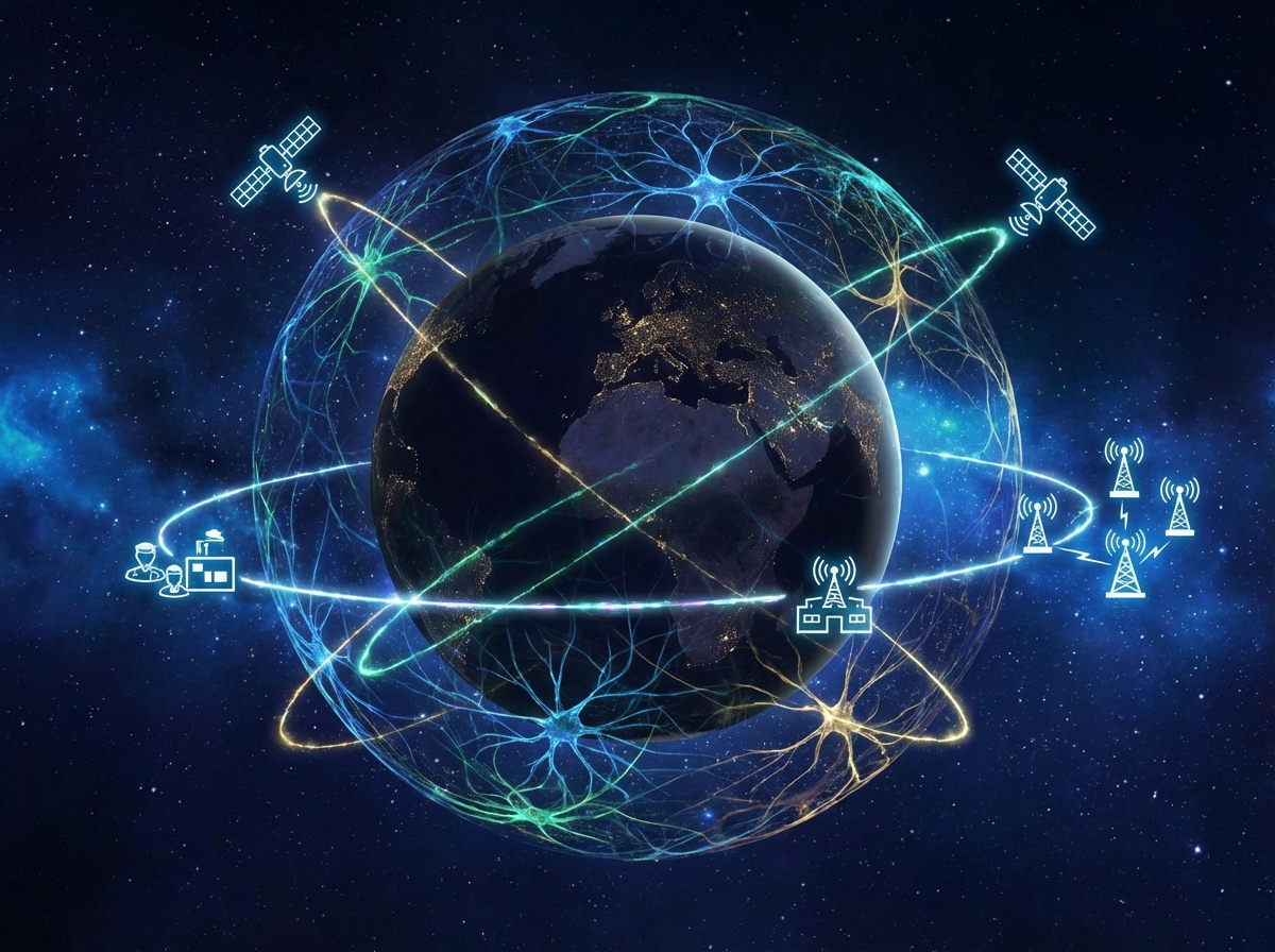 Abstract visualization of AI neural networks connecting global satellite defense systems and military bases, glowing data lines, dark cosmic background, 4:3