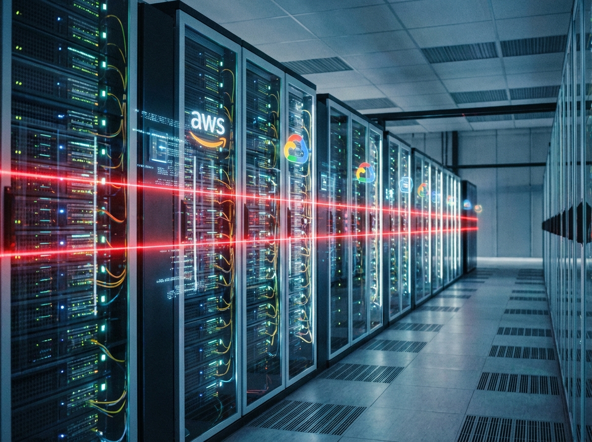 A 4:3 realistic visualization of cloud infrastructure servers with floating icons of AWS and GCP being scanned by a red digital laser line. Cyber security concept, modern data center background, no text.