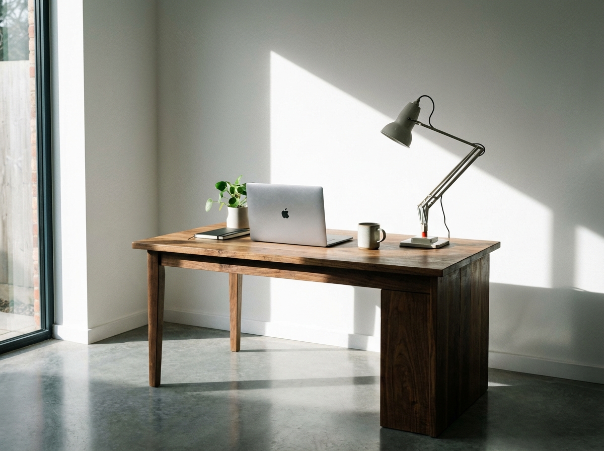 A clean and minimal home office setup with a high-end laptop on a wooden desk, aesthetic desk setup, high contrast, 4:3 aspect ratio, no text