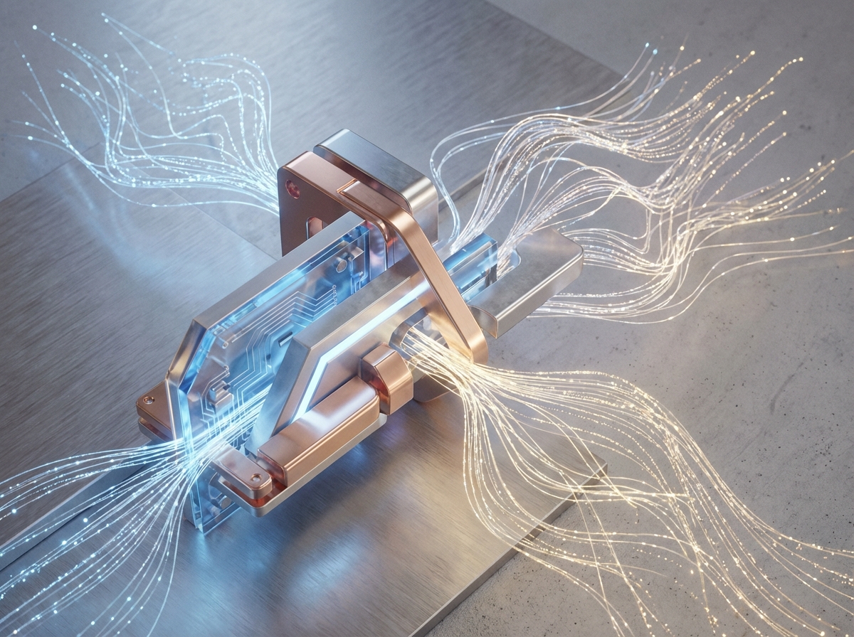 Abstract representation of hardware components meeting digital brain waves, futuristic and clean, textured background, 4:3 aspect ratio, no text