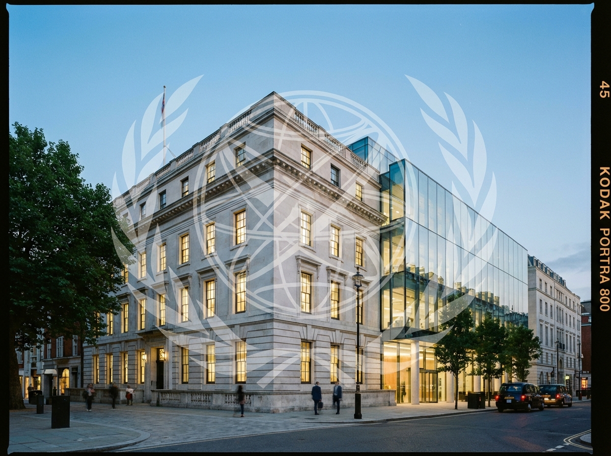 A professional and prestigious architectural view of the Royal Society building in London, with a subtle overlay of a scientific crest, cinematic lighting, modern and clean atmosphere, 4:3 aspect ratio, no text.