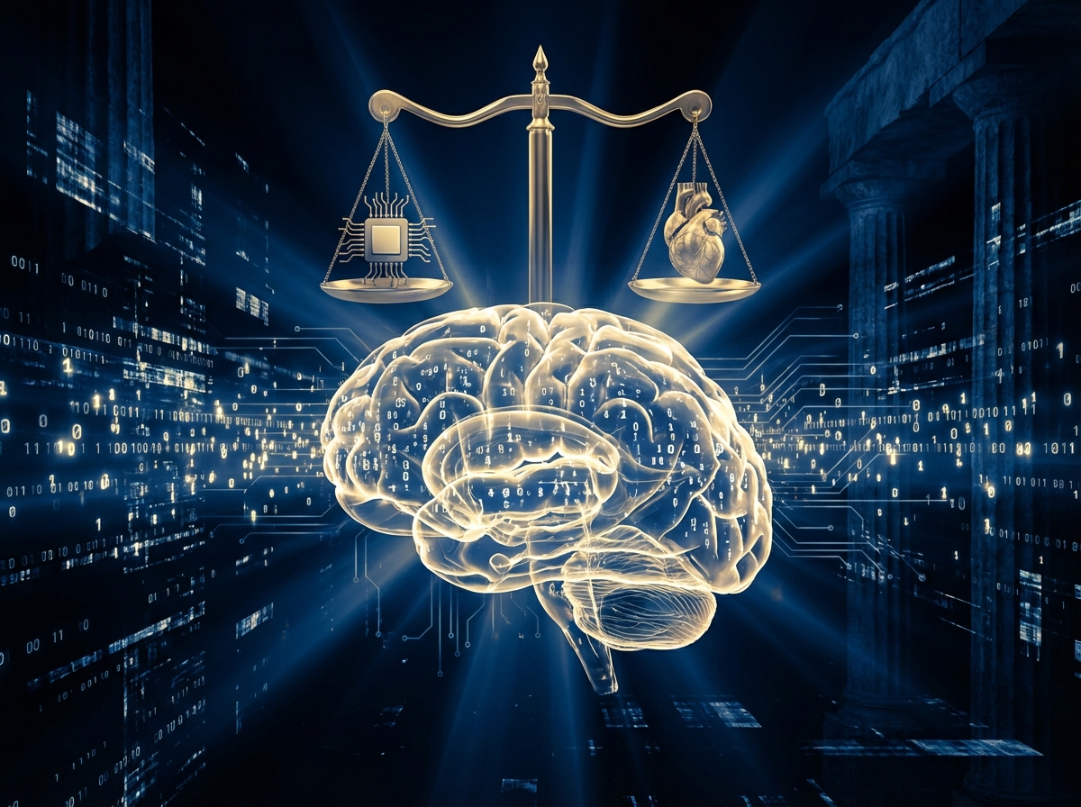 A conceptual digital art piece showing a glowing brain intertwined with binary code and a scale of justice, symbolizing the conflict between advanced AI technology and human ethics, high contrast, blue and gold tones, 4:3 aspect ratio, no text.