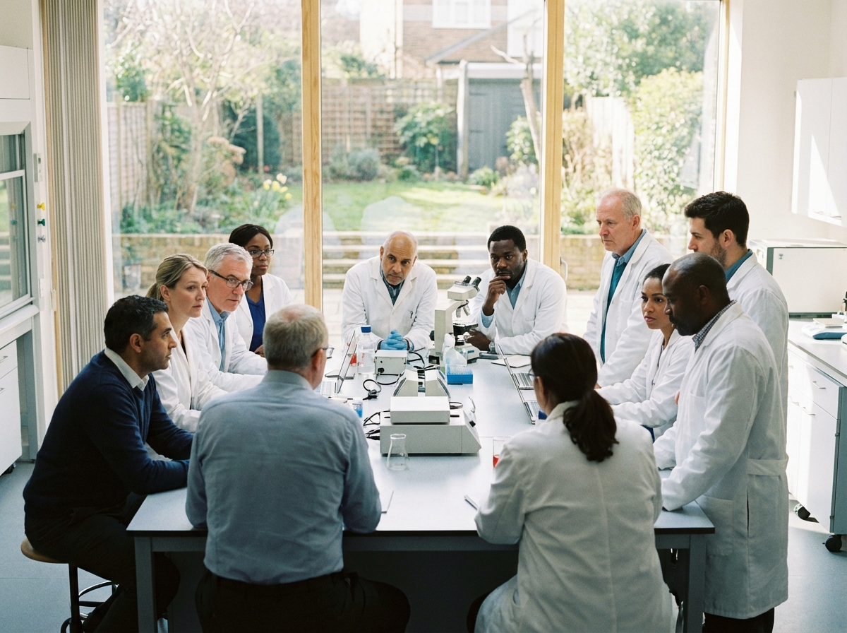 A group of diverse scientists in a modern laboratory setting engaged in a serious discussion, reflecting a sense of responsibility and ethics, warm natural lighting, realistic style, 4:3 aspect ratio, no text.