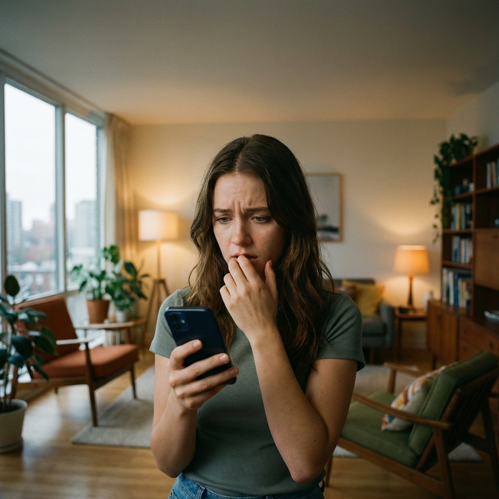 A young woman looking worried at her smartphone screen in a modern living room setting, soft indoor lighting, cinematic photography style, natural expression, 1:1 ratio, no text