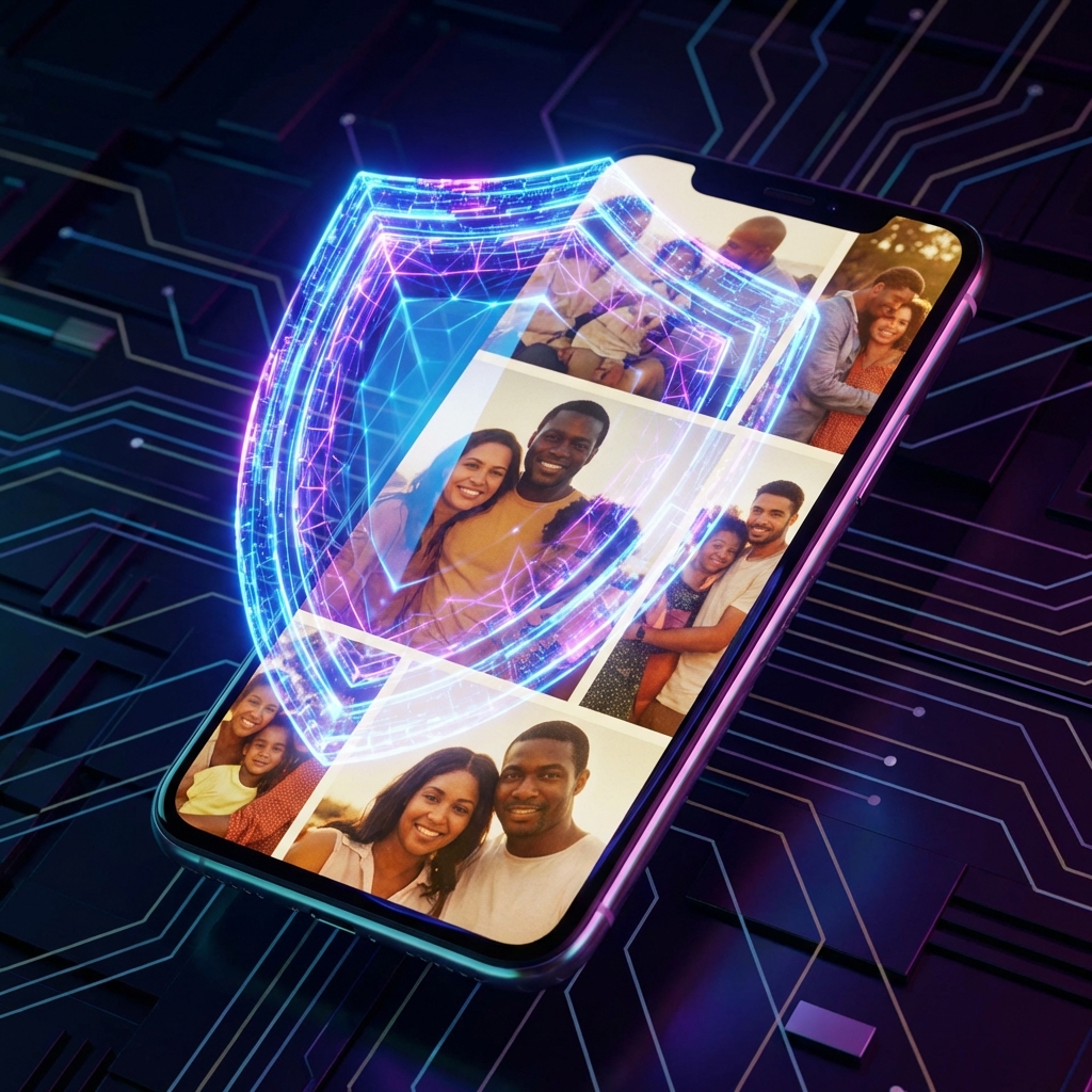 A 3D render of a glowing digital shield protecting a collage of generic family photos on a smartphone screen, high contrast, vibrant colors, 1:1 ratio, no text