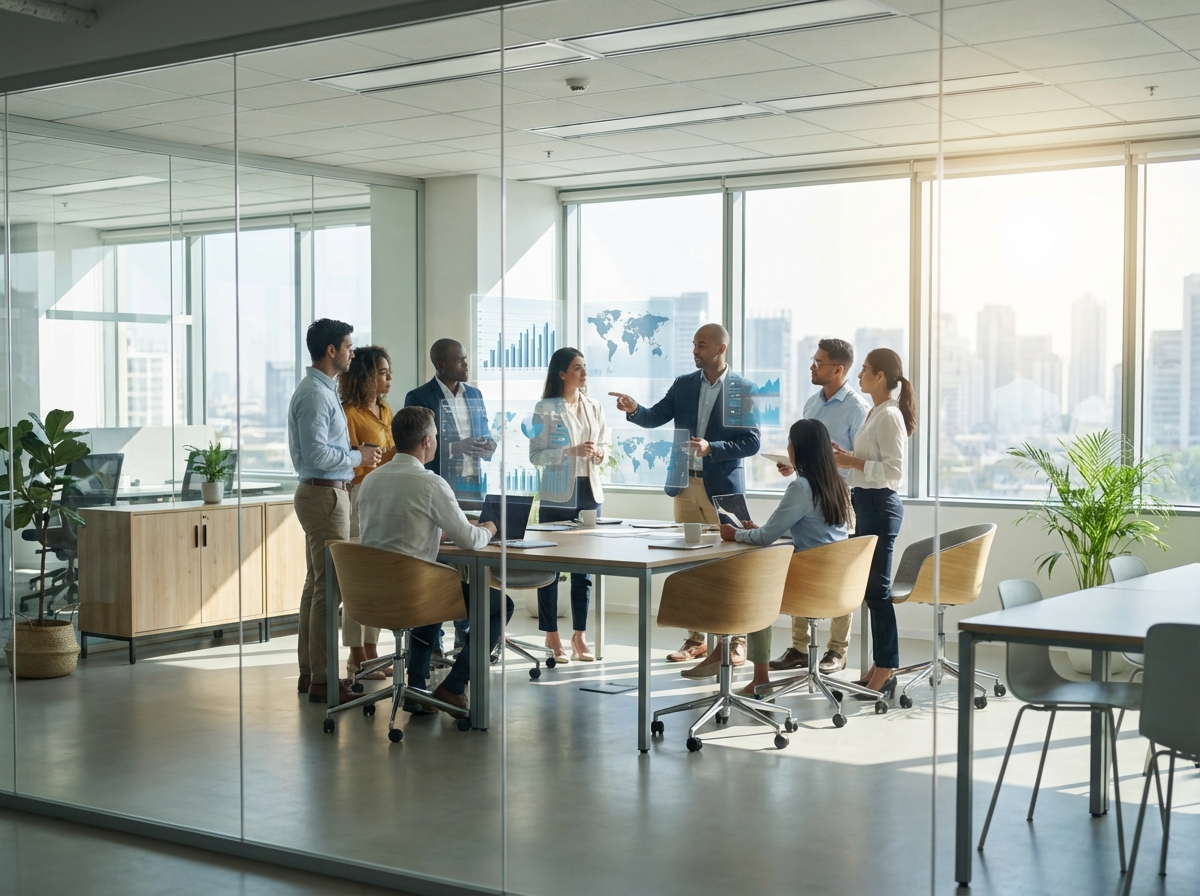 A diverse team of professional consultants working together in a bright glass-walled office with holographic data displays, clean layout, 4:3, no text