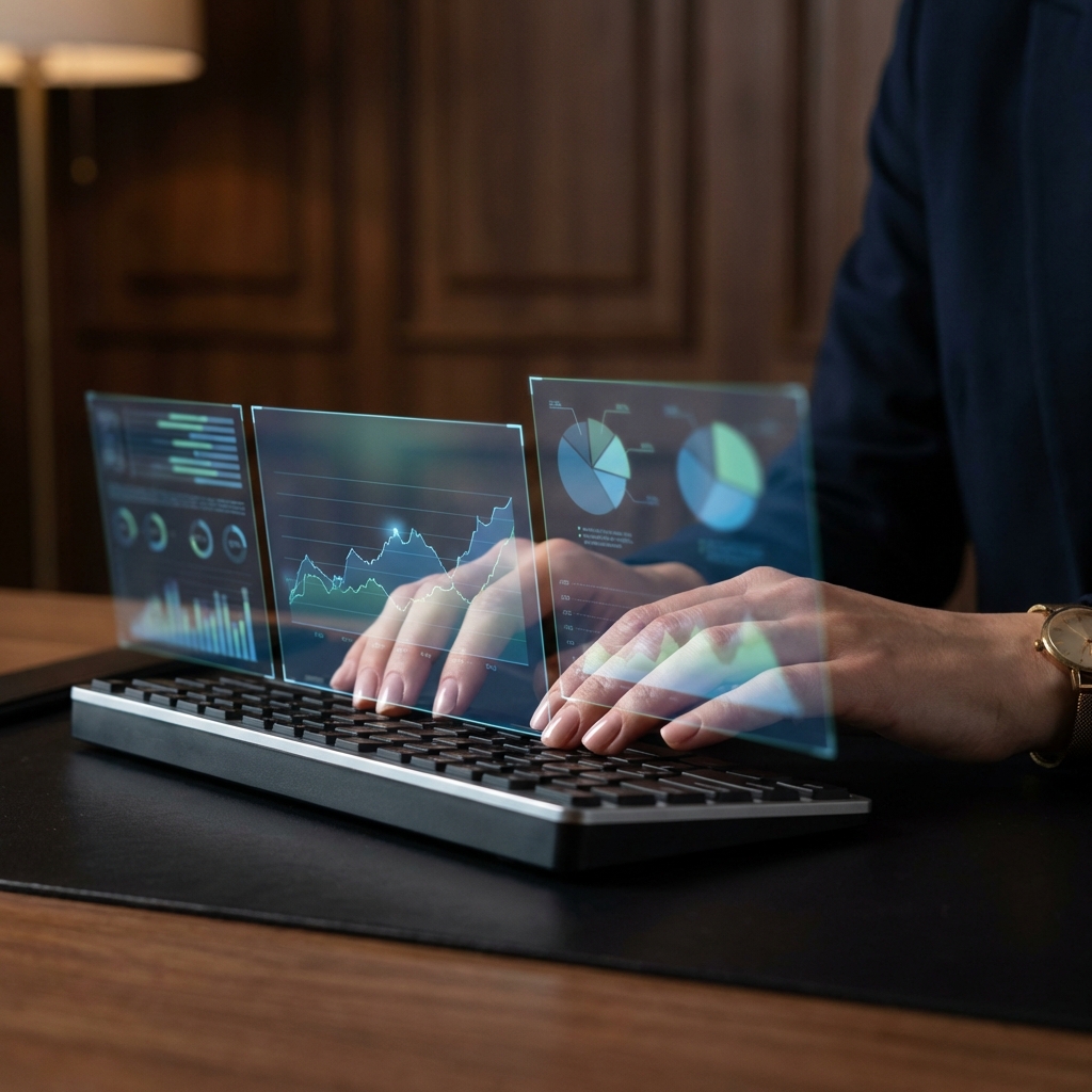 Close up of professional hands on a modern keyboard, glowing digital insights and charts floating above, sophisticated atmosphere, 1:1, no text