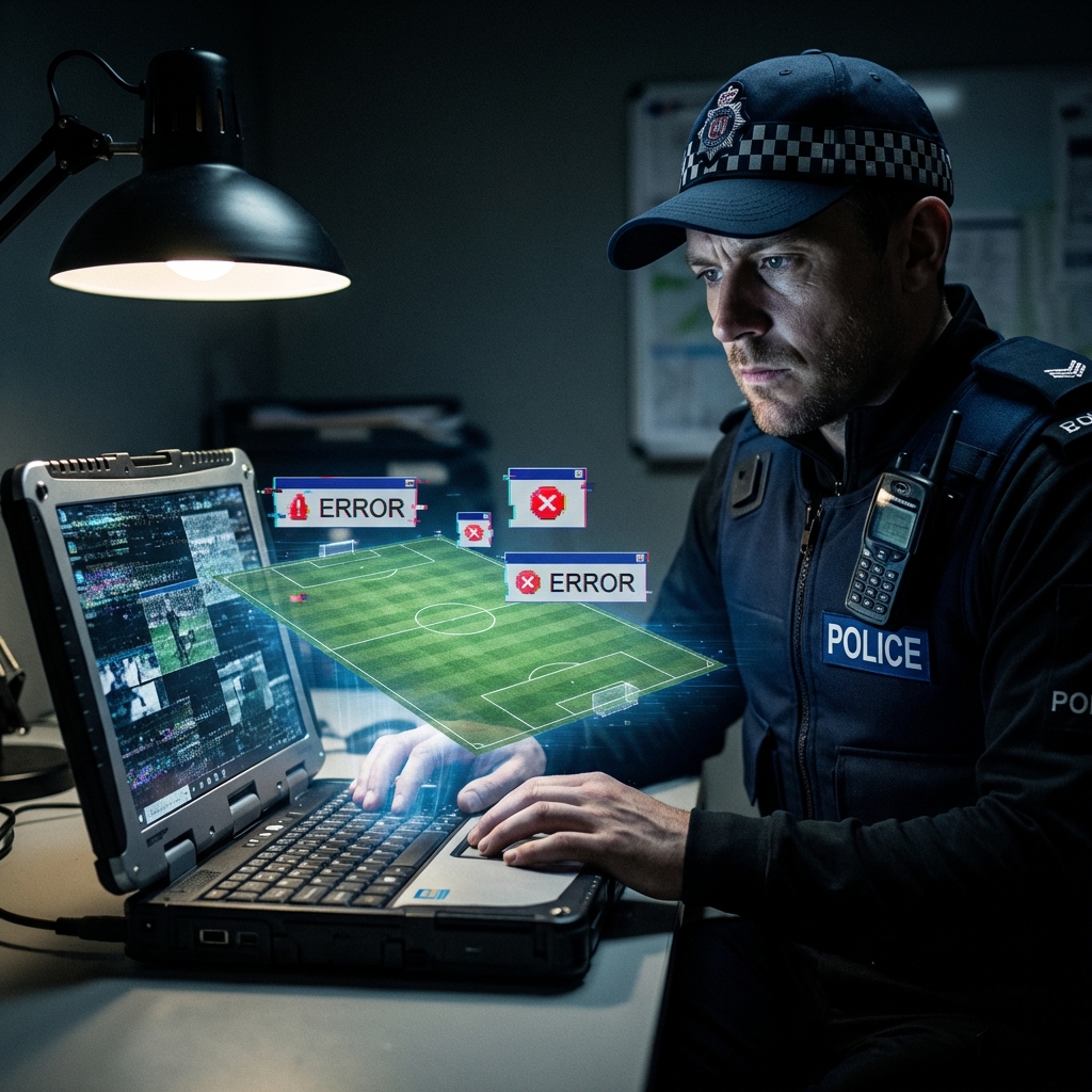 Realistic style, a British police officer in uniform looking at a laptop screen showing a soccer field hologram with a digital glitch and error symbols, cinematic lighting, high contrast, 1:1, no visible text