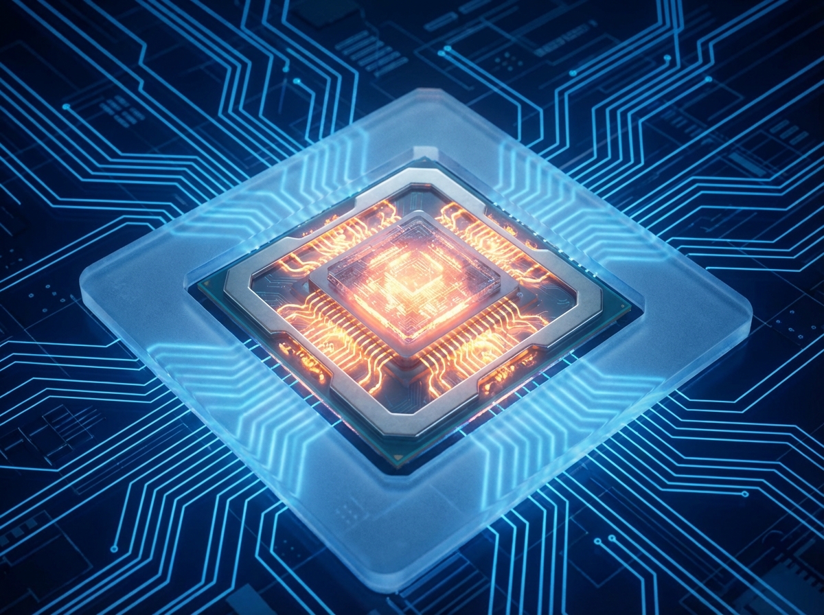 Informational style, close-up of a high-tech microprocessor glowing with orange caution light, blue background with circuit lines, high-tech aesthetic, 4:3, no visible text