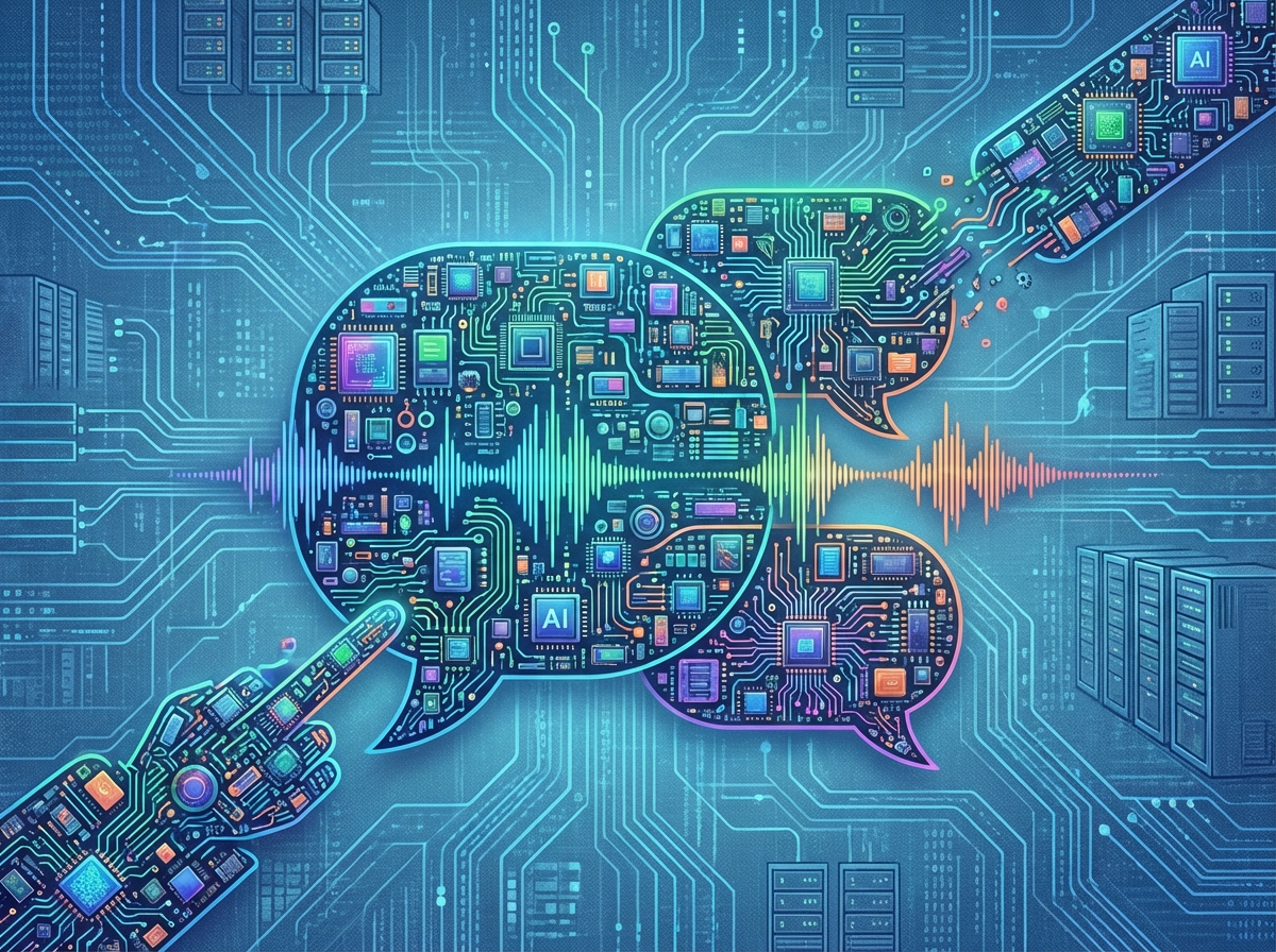 An abstract illustration representing a factory for AI voice agents. Tiny digital components merging together to form speech bubbles or waveforms. Vibrant colors, clean lines, futuristic and organized composition. Textured background, 4:3 aspect ratio, no text.
