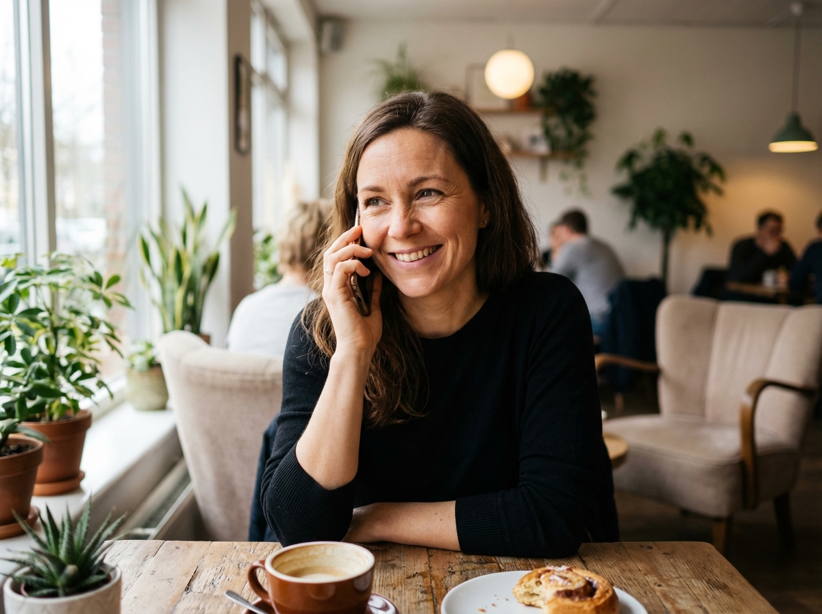 A person smiling while talking on a smartphone, representing a positive experience with a natural voice agent. The background is a cozy cafe setting. Soft natural lighting, lifestyle photography style, realistic skin textures, 4:3 aspect ratio, no text.
