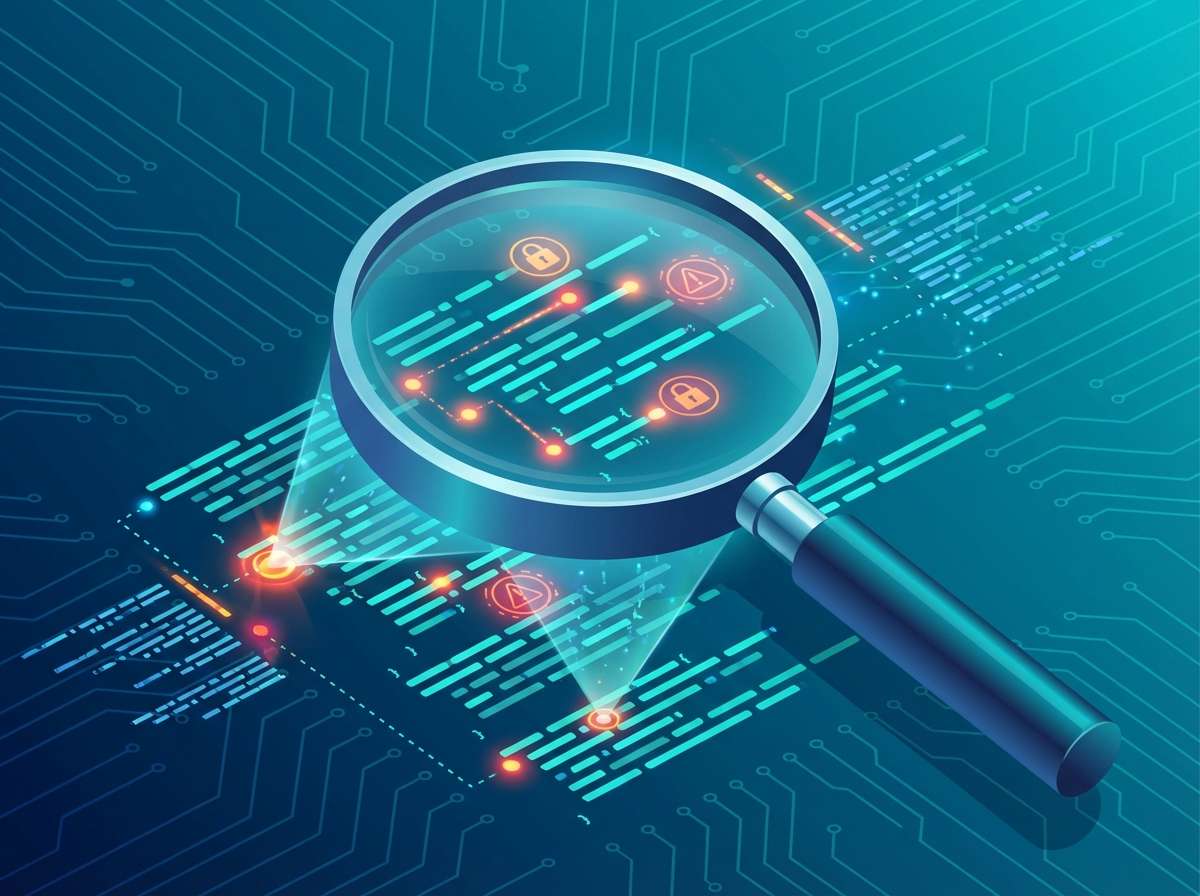 A clean infographic-style illustration of a digital magnifying glass scanning lines of computer code, highlighting security vulnerabilities with glowing points, modern tech style, 4:3 aspect ratio, no text.