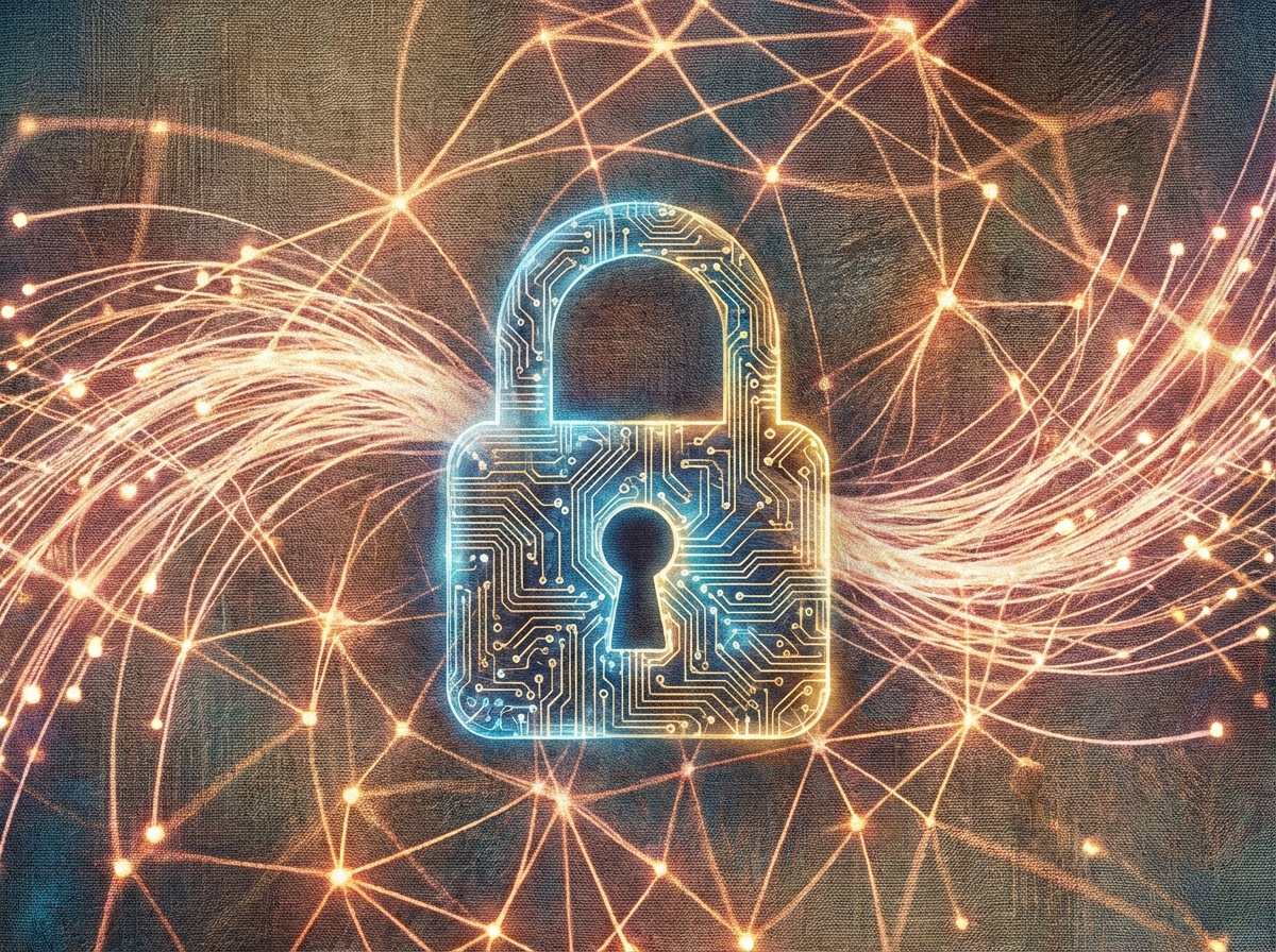 An artistic rendering of a digital lock interconnected with a network of light, symbolizing trust and data protection in the AI era, textured background, 4:3 aspect ratio, no text.
