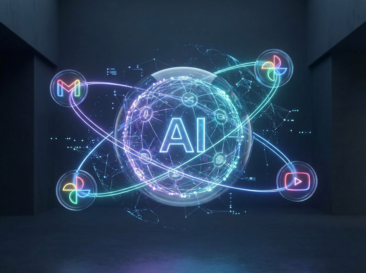 A futuristic digital AI assistant interface connecting floating icons of Gmail, Google Photos, and YouTube, glowing light lines linking data points, modern and clean tech aesthetic, 4:3 aspect ratio, no text